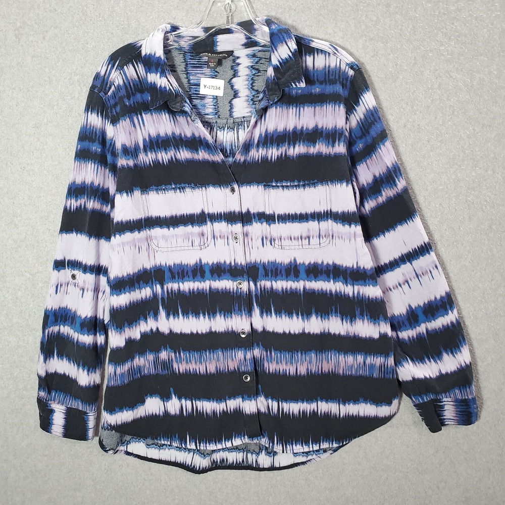 Rock & Republic Women Top Large Blue Tie Dye Button Up Long Sleeve Roll Tab
